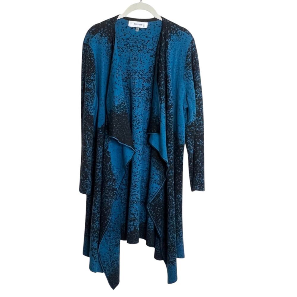 Jones Studio Womens Cardigan L Blue Black Abstract Open Front Drape Hem Sweater